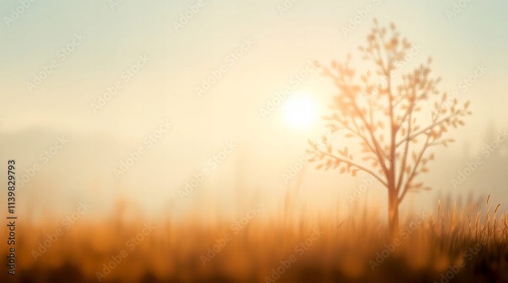 Fototapeta premium Silhouette of bare tree at sunrise in misty golden field with warm backlight