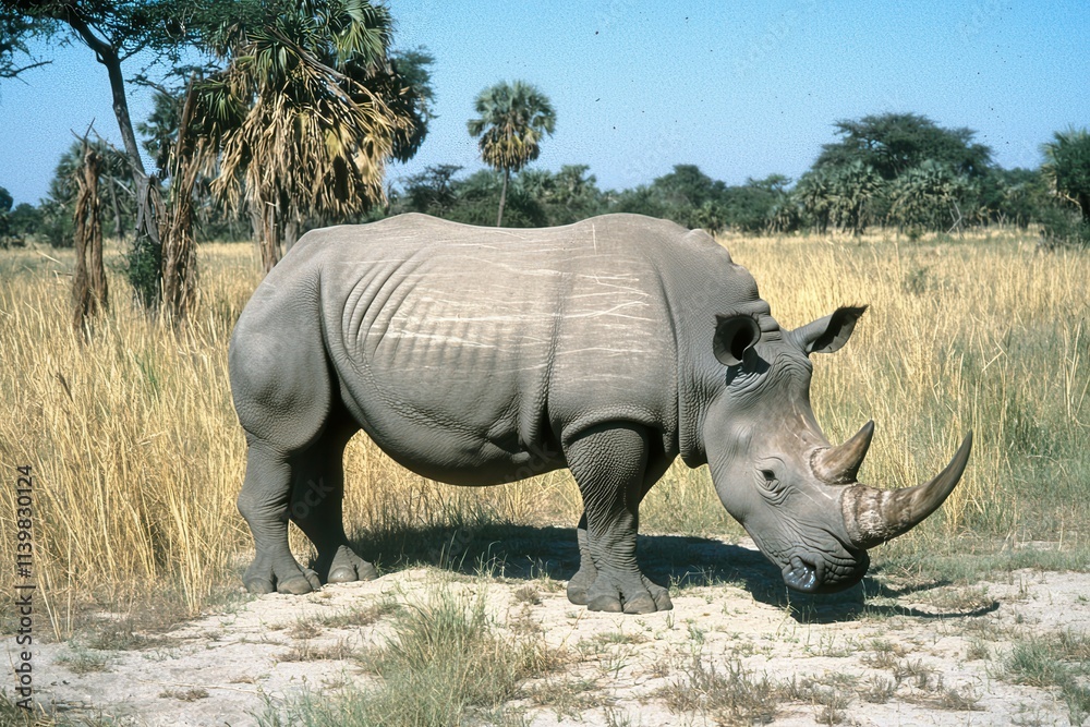 Naklejka premium A powerful image of a rhinoceros with its horn prominently displayed