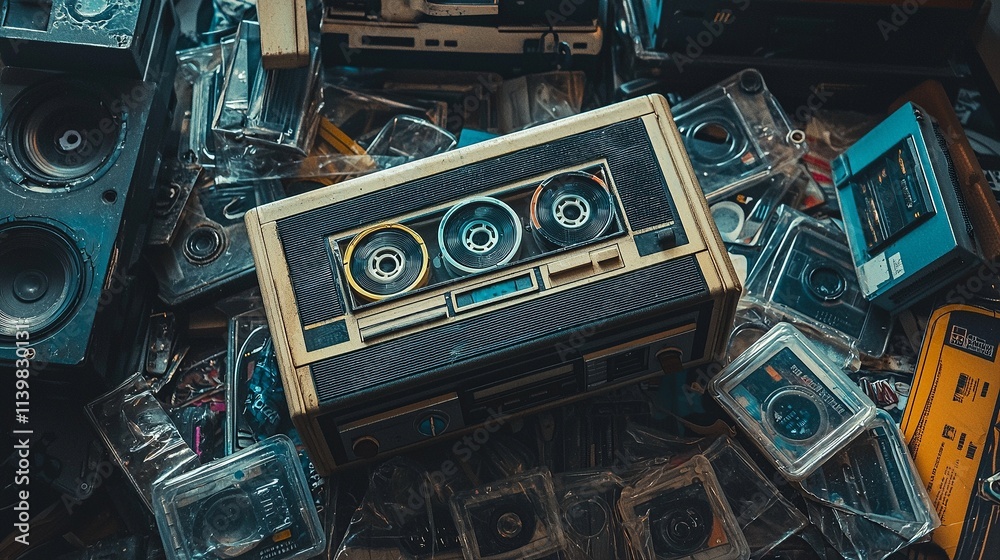 Fototapeta premium Retro boombox with cassette tapes scattered around