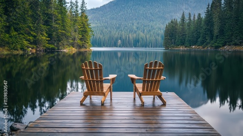 Two Adirondack chairs sit side by side on a wooden dock, overlooking a calm lake with a majestic mountain in the distance, perfect for a quiet retirement retreat.