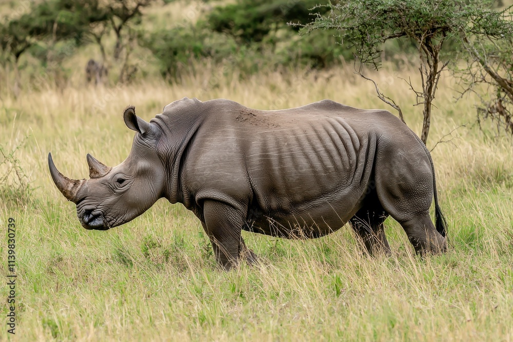 Obraz premium A powerful image of a rhinoceros with its horn prominently displayed