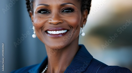 Headshot of a senior Black woman smiling warmly, wearing a tailored blue suit, soft lighting highlighting her features, professional yet approachable photo