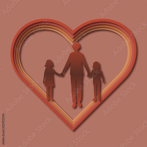 Gradient figures of children with father or grandfather in a heart-shaped frame in paper style