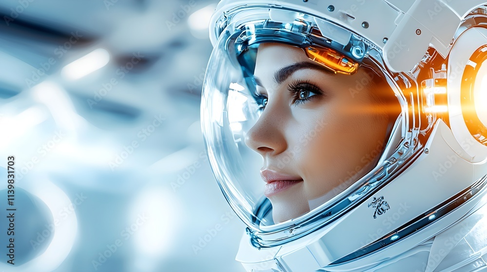 Heroic headshot of a woman astronaut, subtle smile, precise spacesuit detailing, futuristic spaceship control room softly lit in the background Heroic headshot of a woman astronaut, subtle smile, precise spacesuit detailing, futuristic spaceship control room softly lit in the background