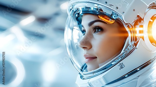 Heroic headshot of a woman astronaut, subtle smile, precise spacesuit detailing, futuristic spaceship control room softly lit in the background