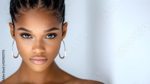 high-definition close-up, African American woman, impeccable smooth skin, strong yet subtle gaze, isolated on white background