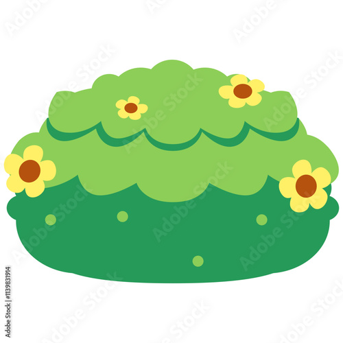 Cartoon Style Green Bush with Flowers, Design Inspiration, Template Complementary Object