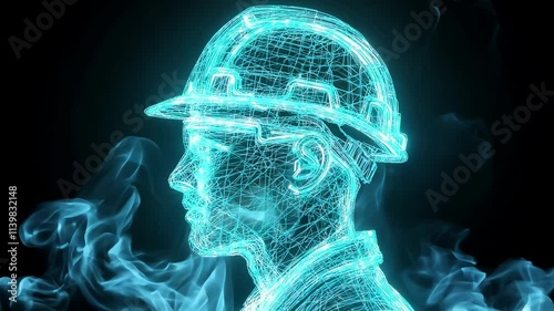 Dramatic Double Exposure:  Engineer with Helmet Against a Background of Intense Flames