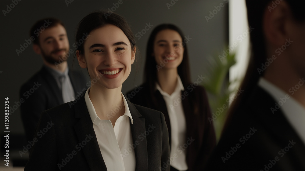 The selected lady and gentlemen candidates are smiling in office background. The selected lady and gentlemen candidates are smiling in office background.