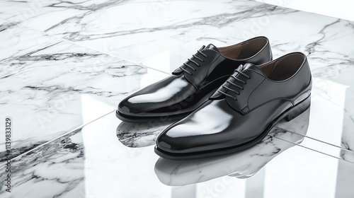 Black leather oxfords on reflective marble surface