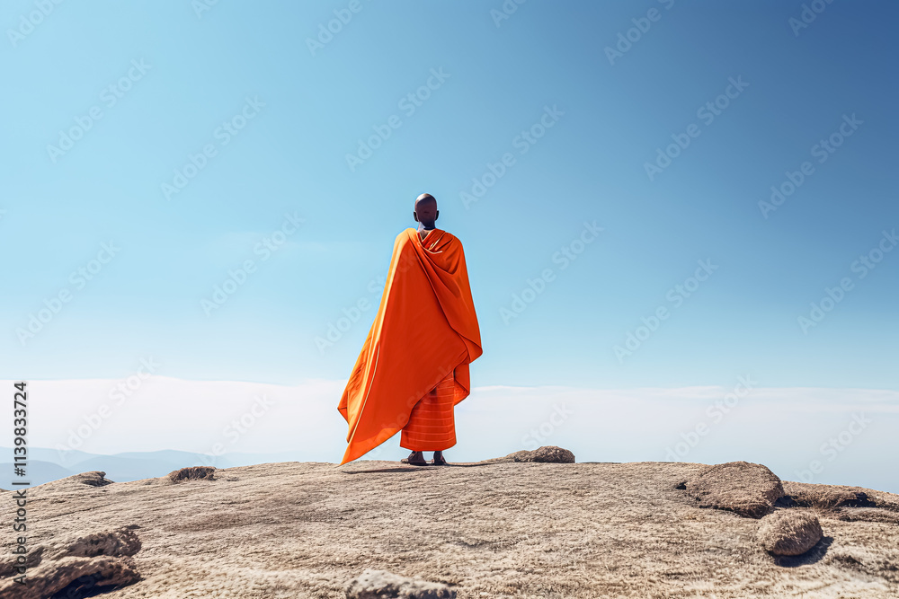Monk stands on a mountain top, wearing an orange robe. Monk stands on a mountain top, wearing an orange robe.