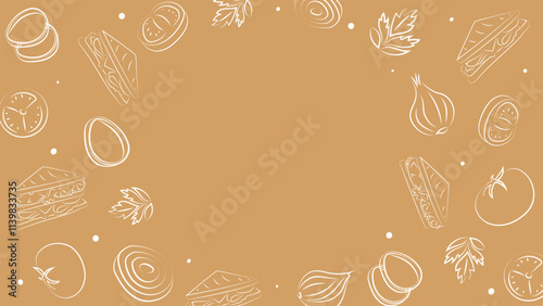 Vector illustration. Background with copy space for text. Pattern of halves, slices and rings of onion, tomatoes; sandwich. Sketch style. Hand drawn kitchen ingredients template for culinary themes.