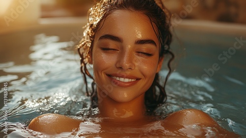 a happy woman enjoy in a balneary or spa pool photo