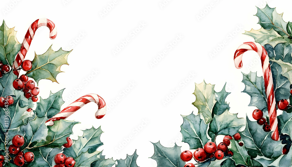 Fototapeta premium Watercolor Christmas holly berries and candy canes border. (2)
