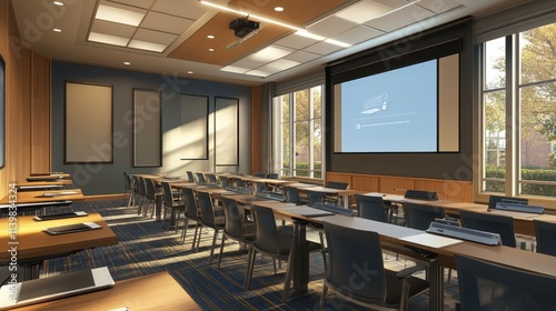 A large room with a projector screen and a lot of chairs