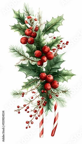 Watercolor Christmas holly, berries, and candy canes.