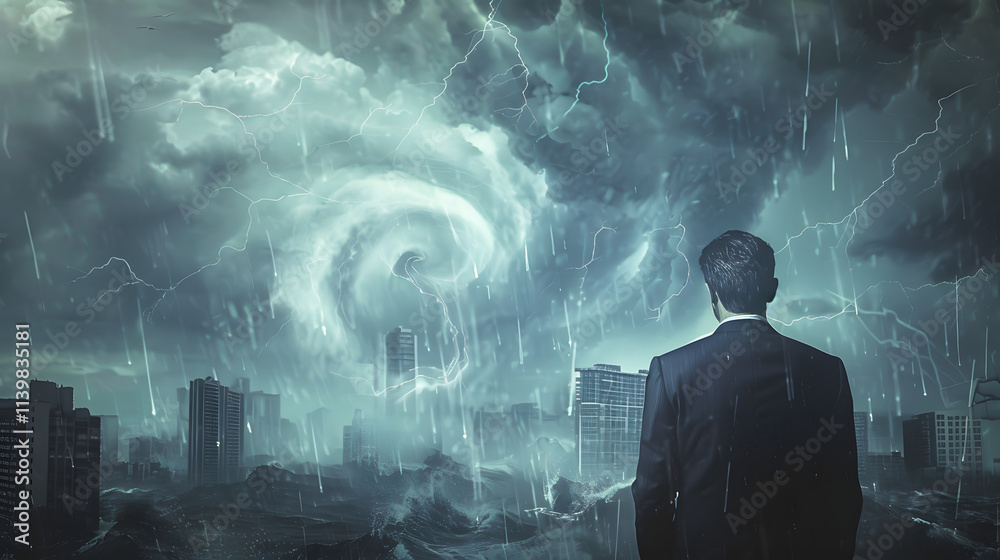 A business executive standing outdoors, looking out at multiple natural disasters approaching, including a flood, wildfire, landslide, and heavy smog from air pollution. The executive is holding a str A business executive standing outdoors, looking out at multiple natural disasters approaching, including a flood, wildfire, landslide, and heavy smog from air pollution. The executive is holding a str