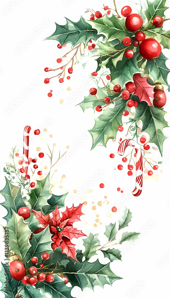 Fototapeta premium Watercolor Christmas holly, berries, candy canes, poinsettia border.