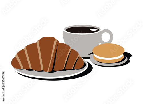 Delicious and fresh pastry with croissant, steaming coffee cup, minimalist vector illustration, perfect for bakery, cafe, restaurant branding, logo design, and food packaging.