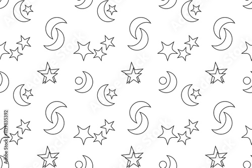 Black and white seamless celestial pattern featuring stars, moons, and circular shapes, perfect for childrens coloring activities.