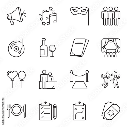 Event planning set of web icons in linear style. Event organisation icons for web and mobile app. Management, wedding, entertainment, catering, invitations, catering, coordination. Vector illustration