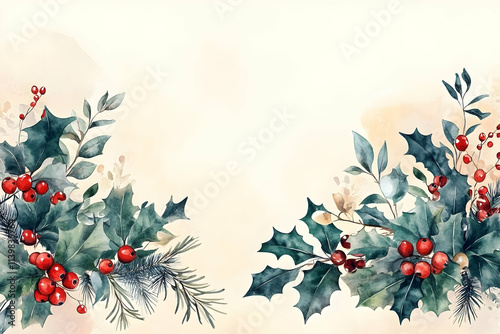 Watercolor Christmas holly berry and leaf corner border design.