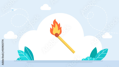 Burning matchstick. Wood rod with yellow flame isolated on white background. Match stick with fire of fire and matchstick, burn flame isolated, ignite and light heat. Vector illustration