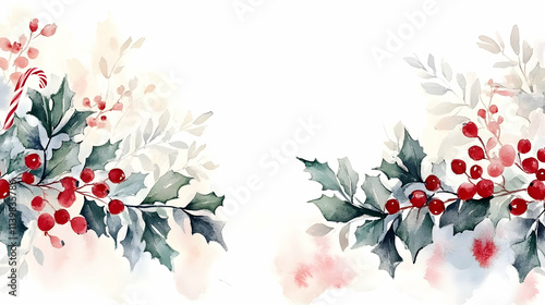 Watercolor Christmas holly berry border design.