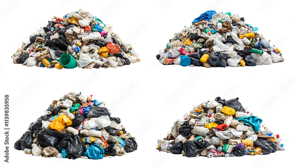 Fototapeta premium Four piles of mixed trash, including plastic, paper, and other debris. transparent background.