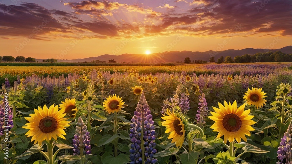Obraz premium Sunlit Meadow at Sunset: A picturesque scene of sunflowers and lupines blooming in a field under a breathtaking sunset, evoking a sense of peace and tranquility. 