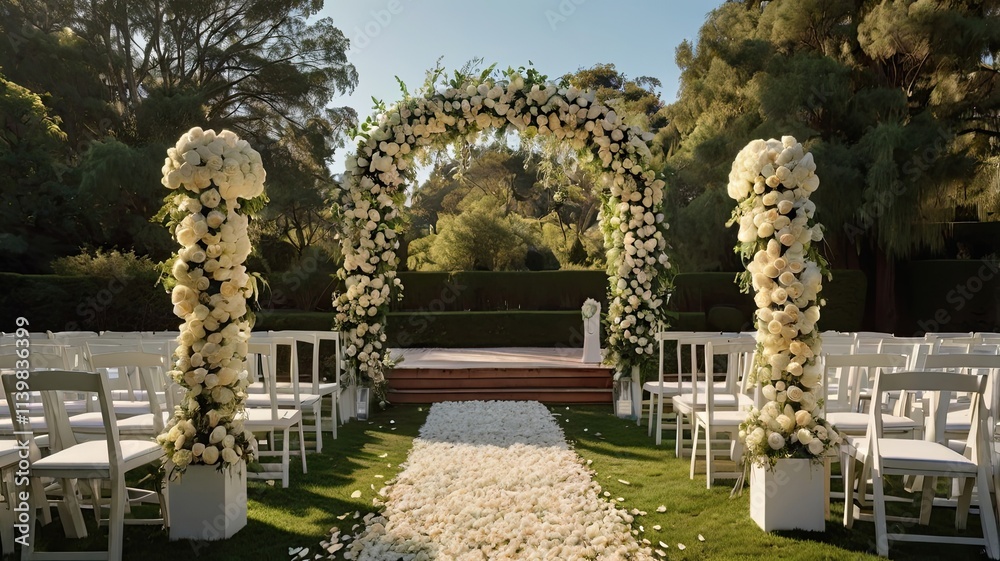 Obraz premium Romantic Garden Wedding Ceremony: A breathtaking outdoor wedding ceremony setting. White floral archway, white chairs, and a white petal aisle lead to a wooden platform.