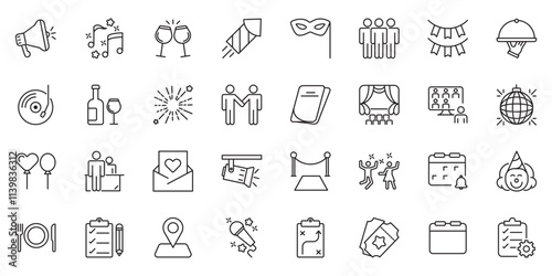 Event planning set of web icons in linear style. Event organisation icons for web and mobile app. Management, wedding, entertainment, catering, invitations, catering, coordination. Vector illustration