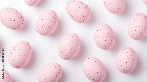 minimalistic setup of pink polka dot Easter eggs, neatly arranged, soft pastel colors, clean festive design, isolated on white background