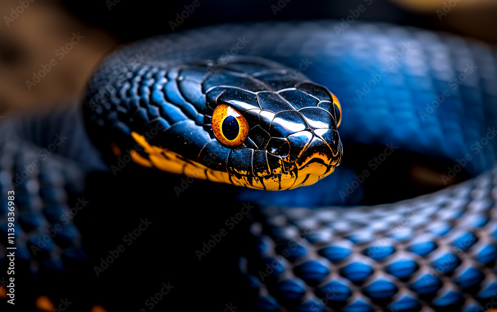 Fototapeta premium A blue snake with yellow eyes is shown in the image. The snake is coiled up and he is looking at the camera. The blue color of the snake is striking and stands out against the background