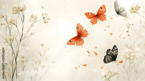 Minimalist flowers and butterflies background in soft cream tones