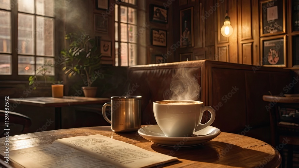 Coffee Break Serenity: A warm cup of steaming coffee sits on a wooden table, a book resting open nearby. The soft glow of sunlight streams through a window. Coffee Break Serenity: A warm cup of steaming coffee sits on a wooden table, a book resting open nearby. The soft glow of sunlight streams through a window.