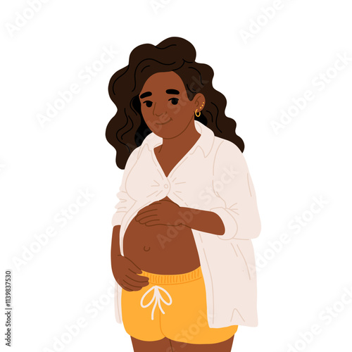 Pregnancy. Pregnant african black skin woman touching her belly. Motherhood. Happy Mother's Day. Pretty women with tummy. Hand drawn flat cartoon vector illustration