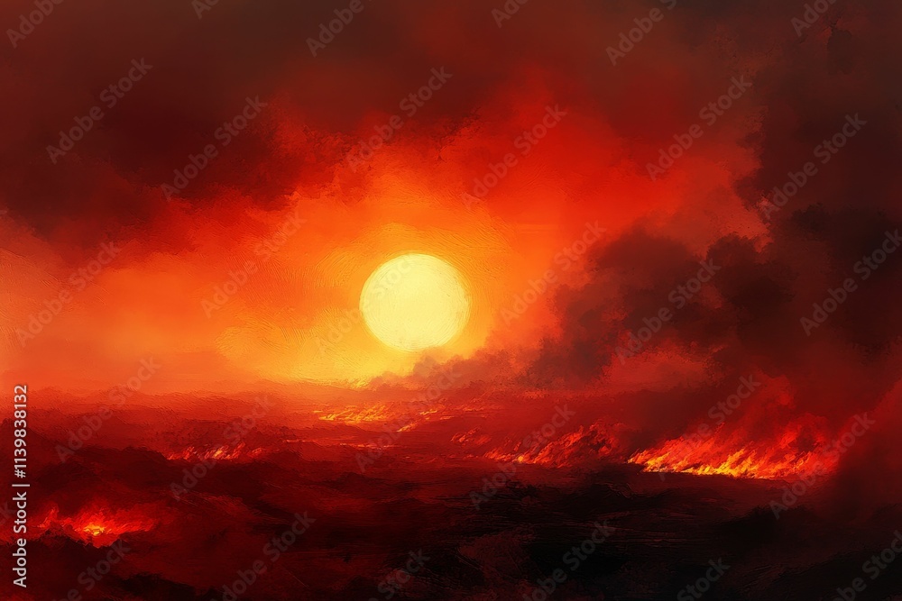 Fototapeta premium Fiery landscape, sunset, burning hills, dark clouds.