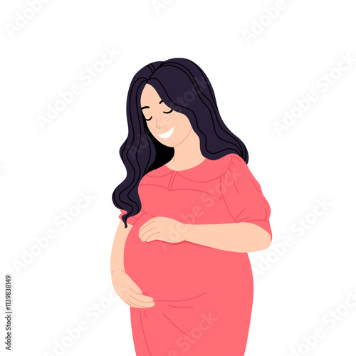 Beautiful smiling pregnant Asian woman. Flat cartoon vector illustration of pregnancy isolated on white background.