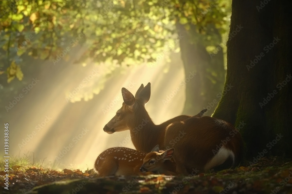 Fototapeta premium A serene image of a red deer doe and her fawn resting in a forest 