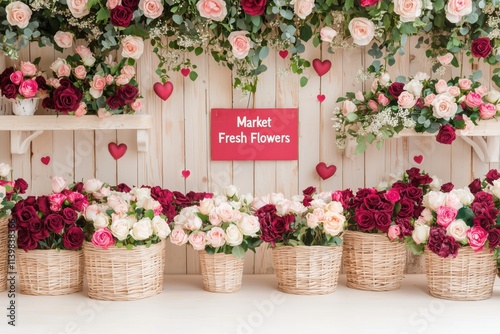 The scene of a charming rustic flower market. Rows of wicker baskets and wooden crates overflowing with lush roses. A cozy, warm atmosphere, a foretaste of romance and celebration. photo