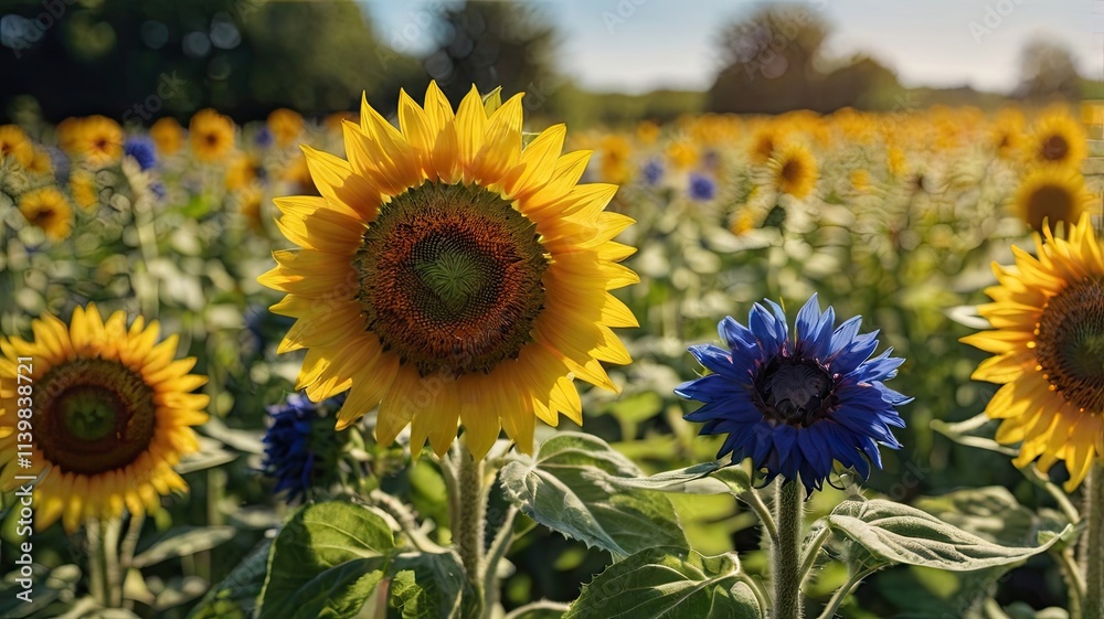 Obraz premium Sunflowers and Cornflowers in a Summer Field 