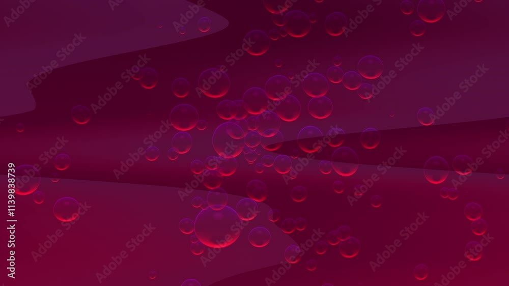 Many red translucent bubbles on dark red background; suitable for abstract backgrounds, design elements, festive concepts, and graphic artworks