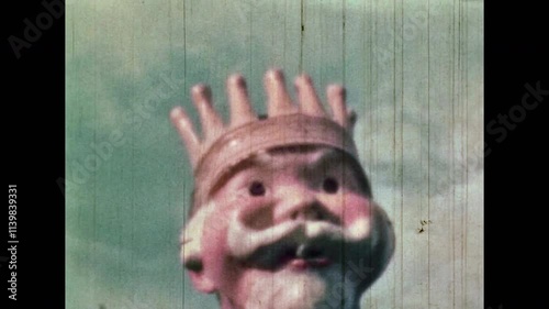 Abstract, king smoker smoking cigarette on blue sky background. Weird nicotine tobacco addiction concept. Person unhealthy, danger habit. Vintage color film. Creepy King Mask. Old archive. Retro 1960s