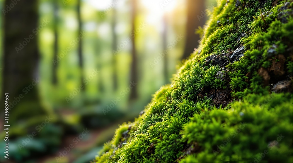 Fototapeta premium Mossy tree bark texture, nature close-up, forest biodiversity