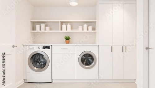 Minimalist Style - Laundry Room Interior Design With Minimalist Concept - Hotel Laundry Room - Apartment Laundry Room Interior With Washing Machine - Interior Design. Washing Machine Minimalist Design