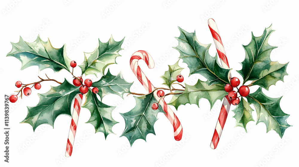 Fototapeta premium Watercolor holly branches with candy canes.