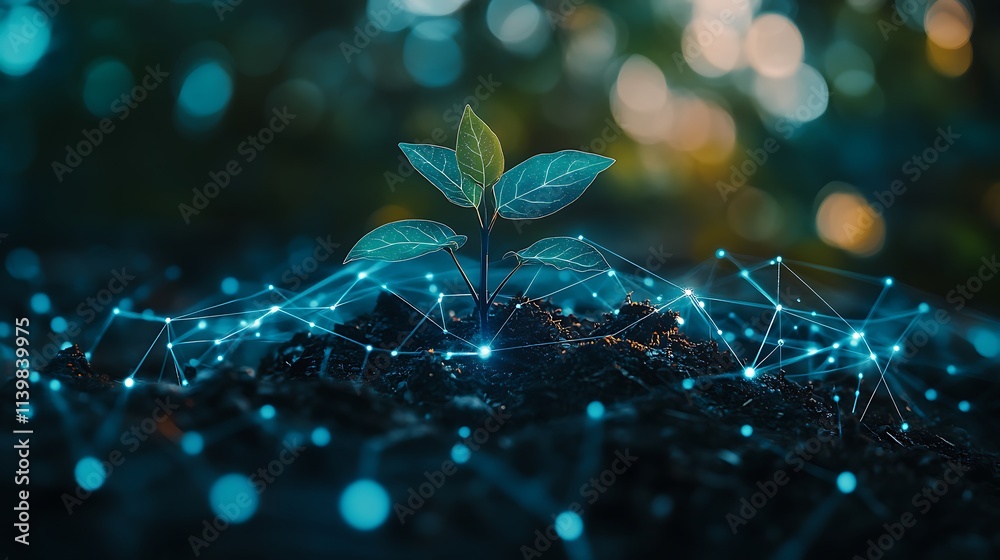 Young Plant Emerging from Soil with Digital Network and Bright Background Representing Growth Young Plant Emerging from Soil with Digital Network and Bright Background Representing Growth