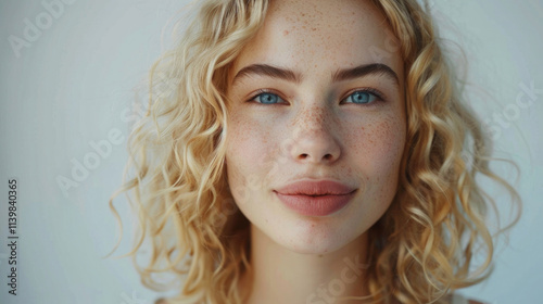 Young woman with curly blonde hair and blue eyes poses against a neutral background showcasing natural beauty and confidence