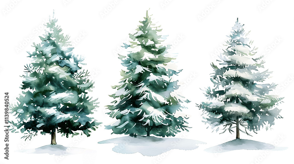 Obraz premium Set of Watercolor Christmas tree, isolated on a white background, Christmas tree painting. Merry Christmas
